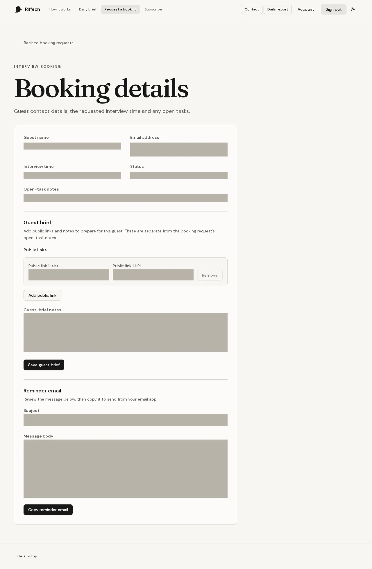 Booking detail interface showing the guest brief editor and reminder draft, with booking details redacted.
